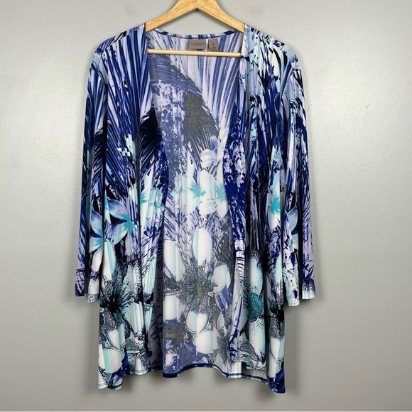 Chico’s Easywear blue tropical floral print 3/4 sleeve open front jacket, 3 = XL - Picture 1 of 6